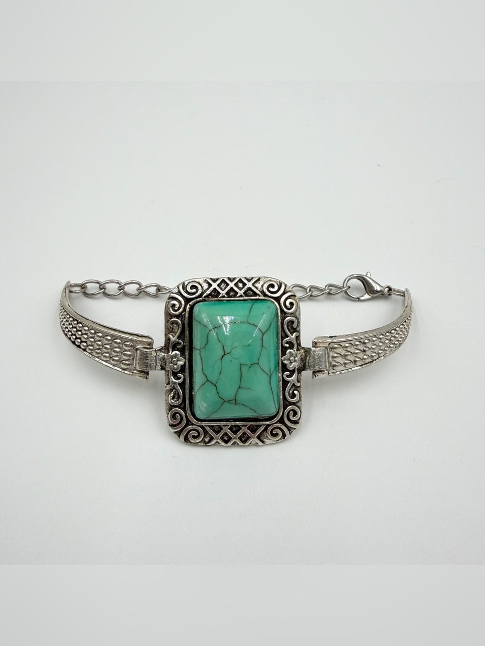 Silver Tone Faux Turquoise Ornate Rectangular Frame Bracelet